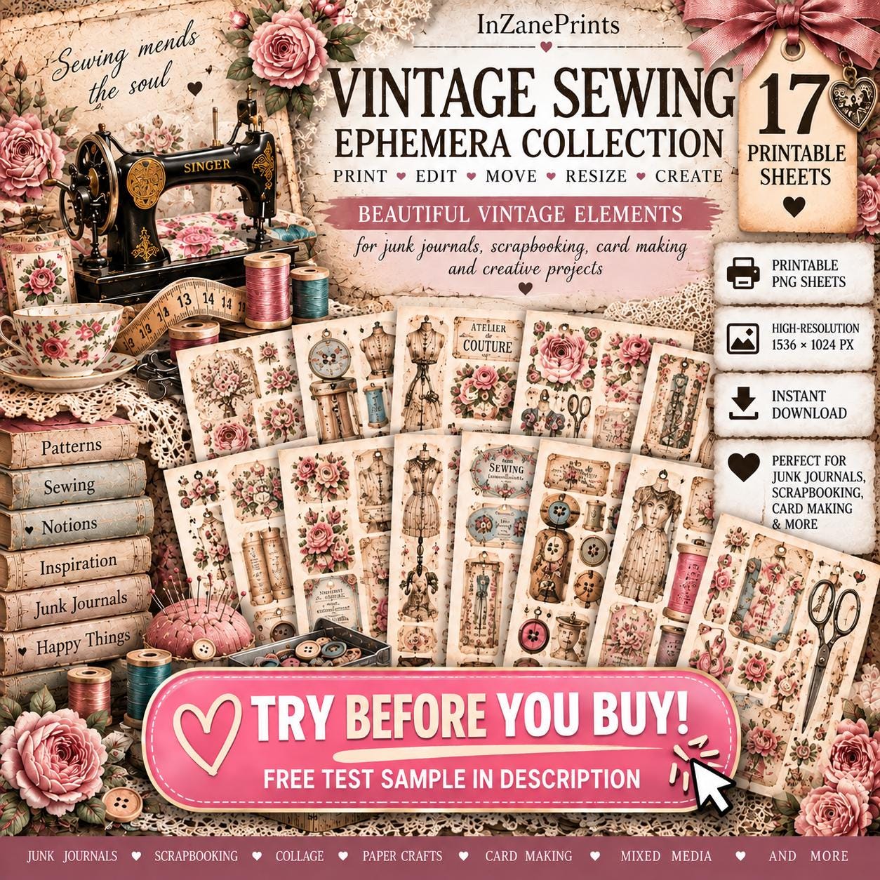 Editable Vintage Sewing Ephemera Kit | 17 Printable Sheets (Digital Download)