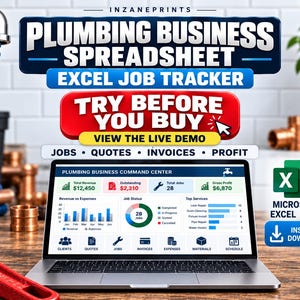 May include: A laptop displaying a Plumbing Business Spreadsheet Excel Job Tracker dashboard with charts and data. The screen shows text including Jobs, Quotes, Invoices, Profit, and Try Before You Buy. The background features plumbing tools and parts.