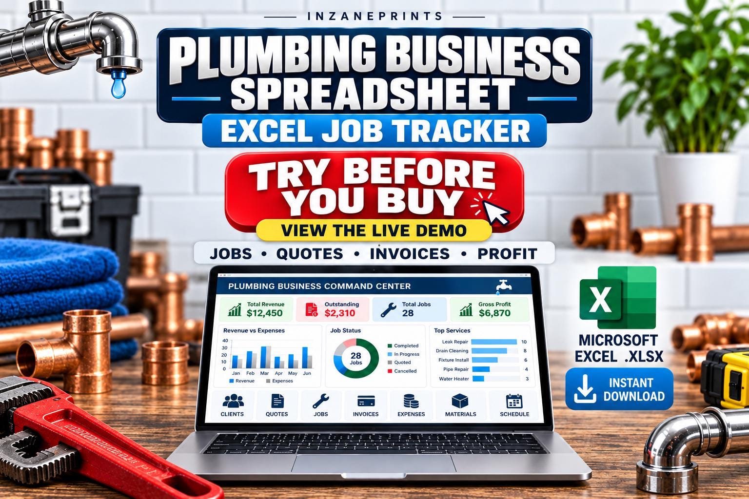 Plumbing Business Spreadsheet, Plumber Job Tracker, Quote Invoice Expense and Profit Dashboard for Excel
