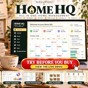 May include: A digital home management dashboard titled Home HQ displayed on a laptop screen, featuring sections for calendar, money, home, meals, family, and goals. A red button with the text Try Before You Buy and View the Live Demo is centered.