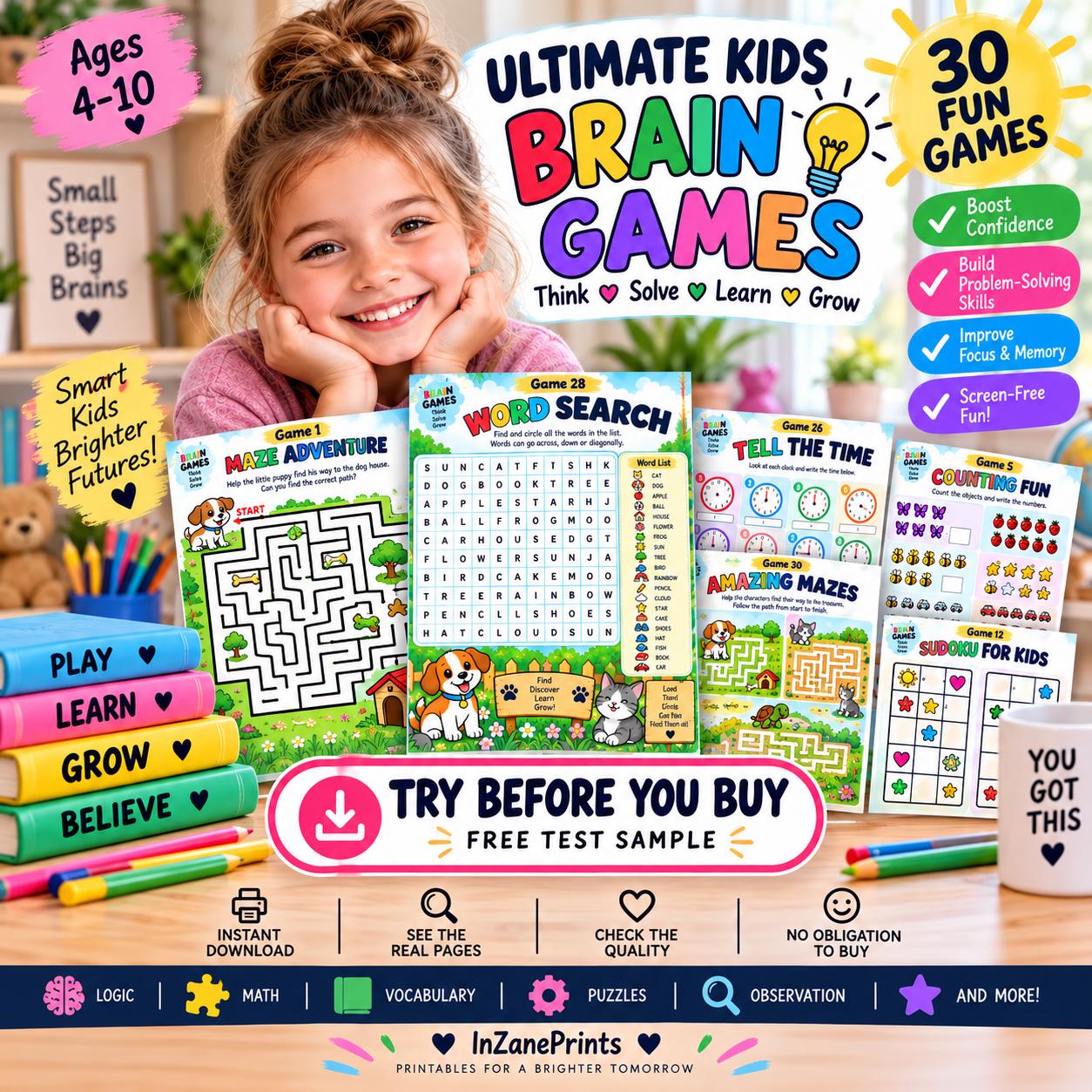 Ultimate Kids Brain Games Activity Book, 30 Page Printable (Digital Download)