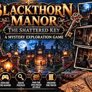 Puede incluir: Un gráfico promocional para el juego de exploración de misterio Blackthorn Manor: The Shattered Key. Muestra a una persona con mochila sosteniendo una linterna frente a una gran mansión, una llave dorada y tres escenas insertadas de interiores.