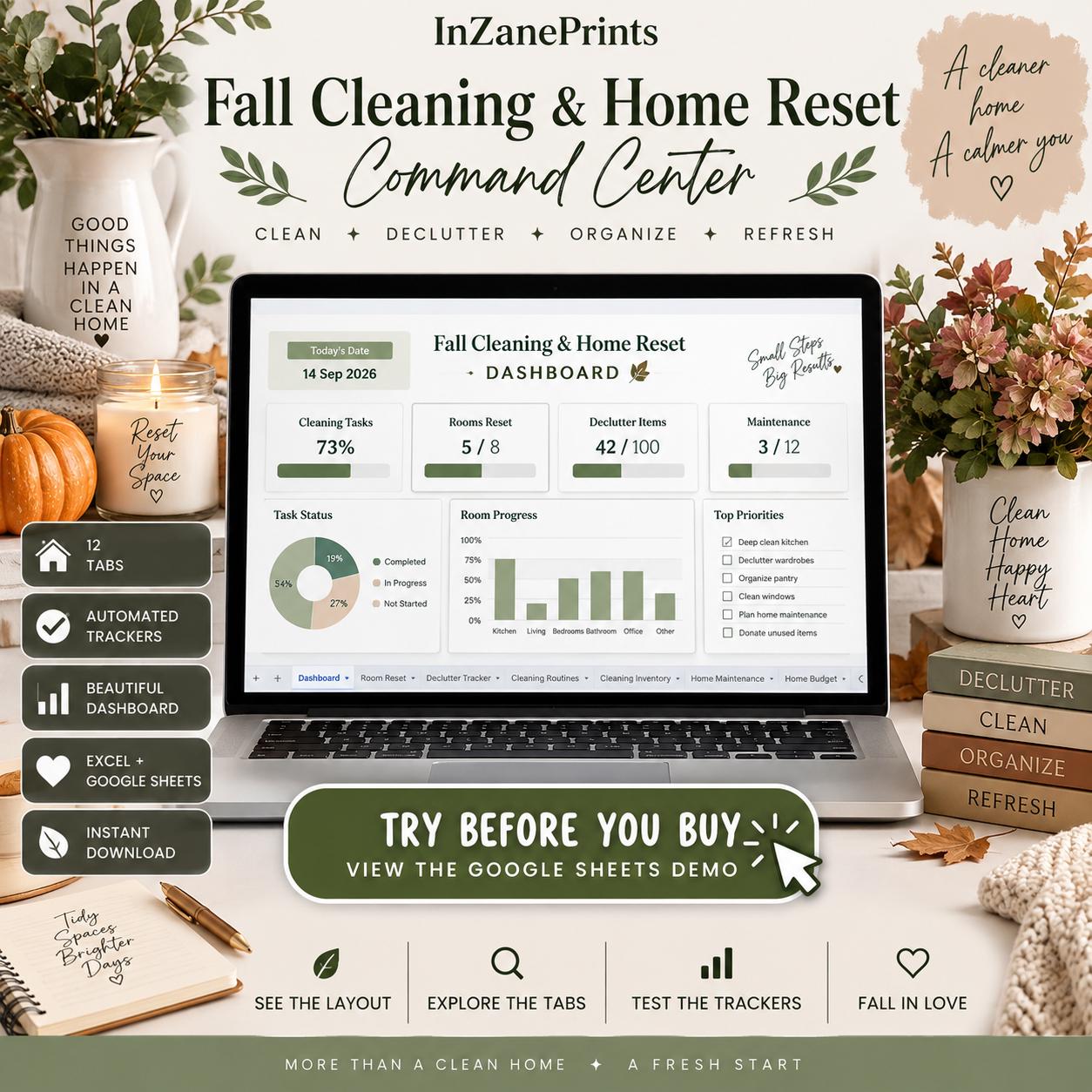 Cleaning Planner Spreadsheet | Home Maintenance Tracker | Declutter Organizer | Weekly Cleaning Schedule | Excel Template & Google Sheets