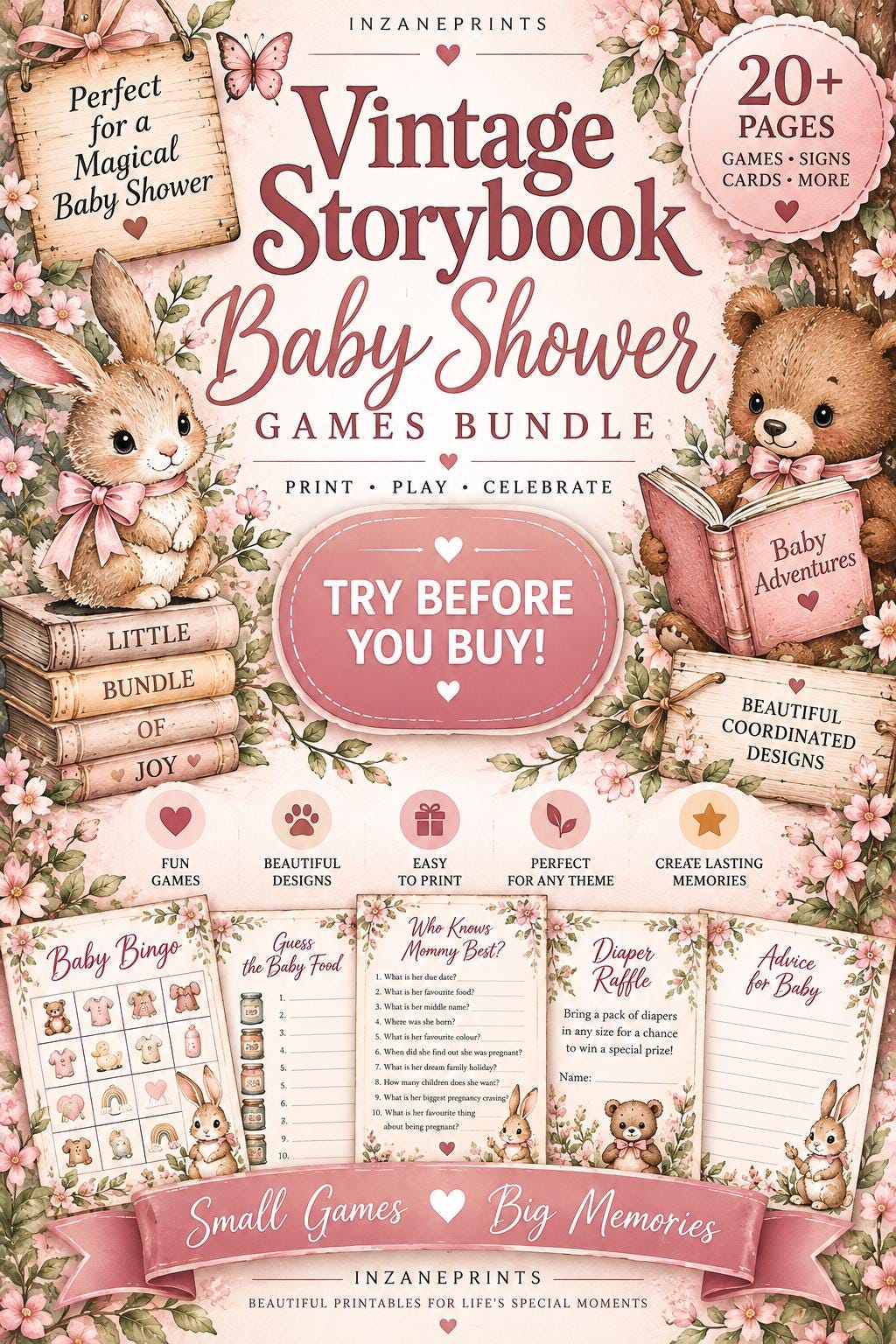 Dusty Pink Storybook Baby Shower Bundle, Watercolor Woodland Theme (Digital Download)