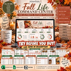 Puede incluir: Un planificador digital Fall Life Command Center en la pantalla de un portátil, con secciones para tareas, objetivos, presupuesto, comidas y hábitos. La interfaz incluye gráficos y listas con motivos otoñales y texto descriptivo.
