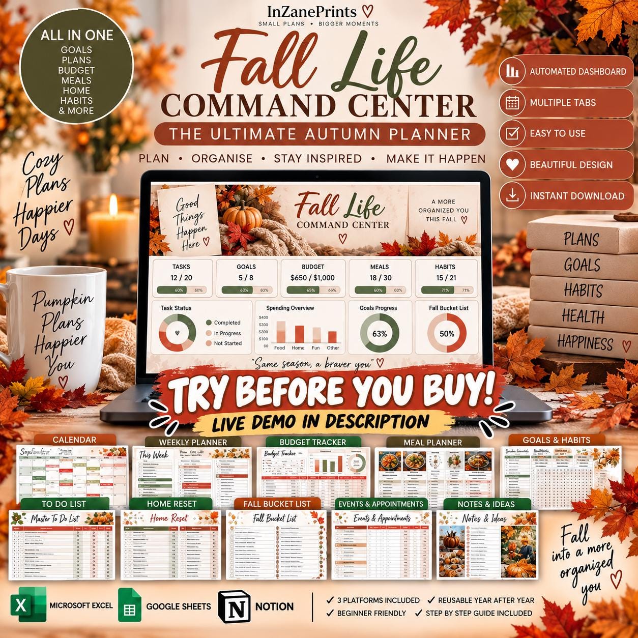 Fall Life Planner, Excel Spreadsheet, Budget, Meal, Habit Tracker (Digital Download)