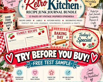 Retro Kitchen Recipe Junk Journal Kit: 1950s Ephemera, Pantry Labels (Digital Download)