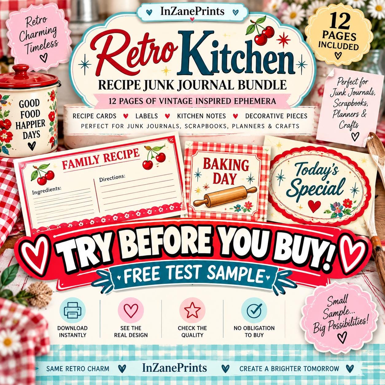 Retro Kitchen Recipe Junk Journal Kit: 1950s Ephemera, Pantry Labels (Digital Download)