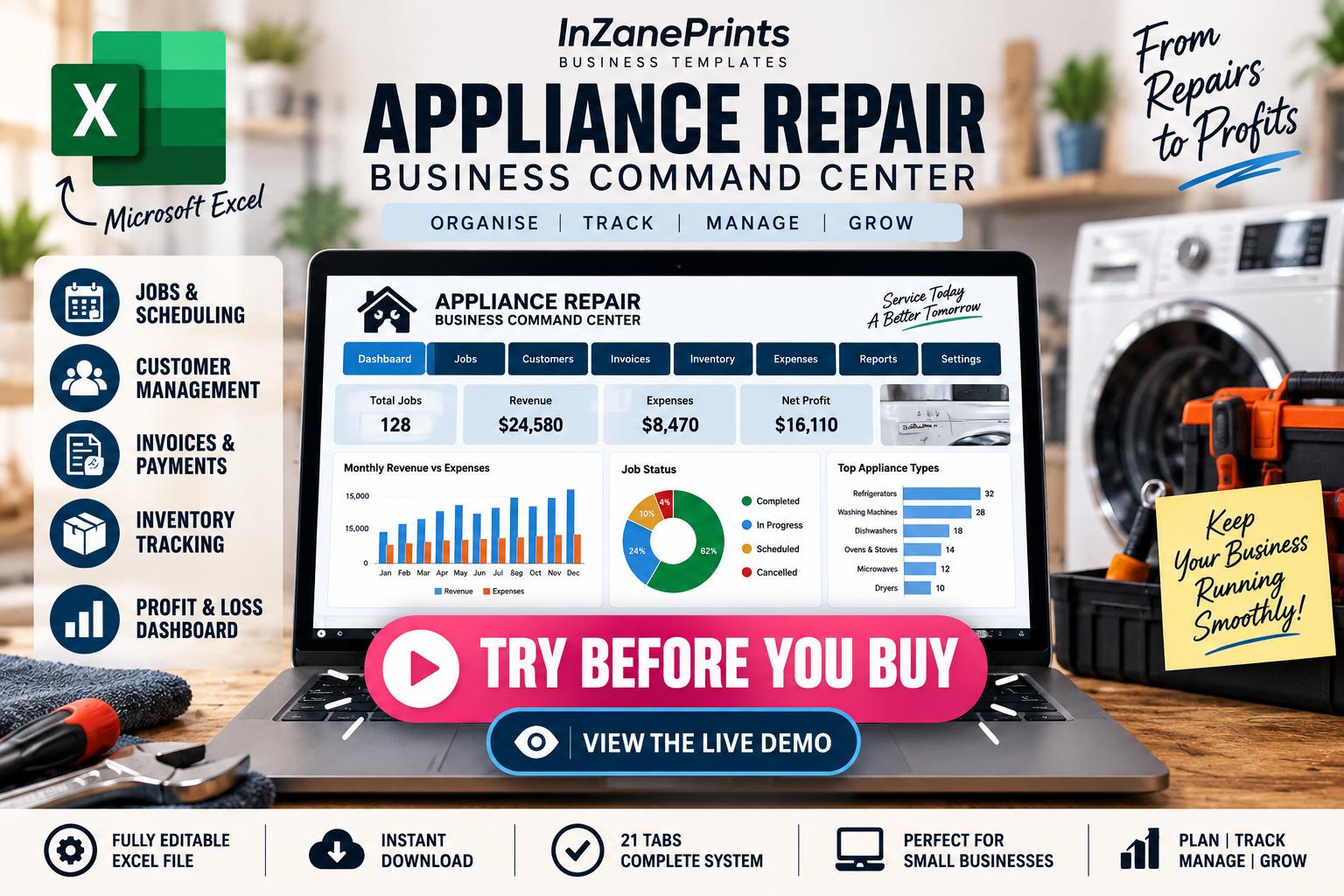 Appliance Repair Business Command Center, Excel Dashboard, Invoice Generator (Digital Download)