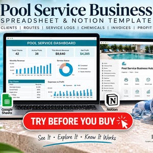 Puede incluir: Una herramienta digital de gestión para negocios de piscinas con un portátil y una tableta que muestran un panel con datos de ingresos, beneficios y clientes. Incluye iconos de Google Sheets y Notion y un botón rojo con TRY BEFORE YOU BUY.