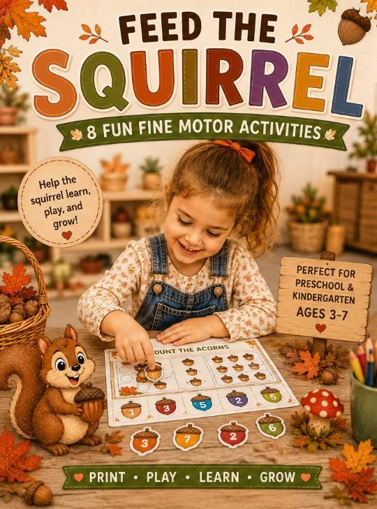 Feed the Squirrel Fall Learning Game, Acorn Matching, Counting, Shapes (PDF)