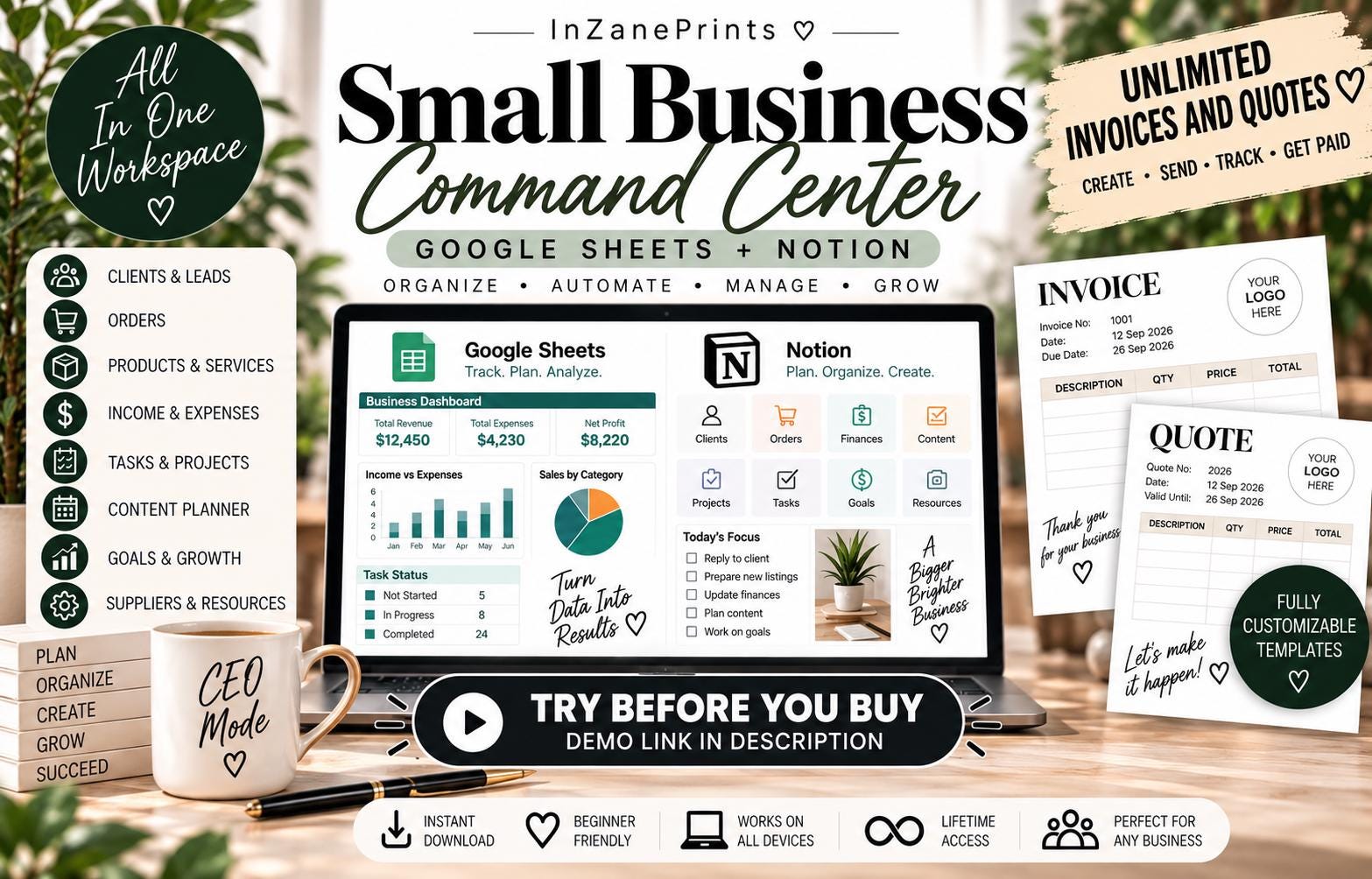 Small Business Command Center, Notion Google Sheets Excel Planner (Digital Download), try before you buy!