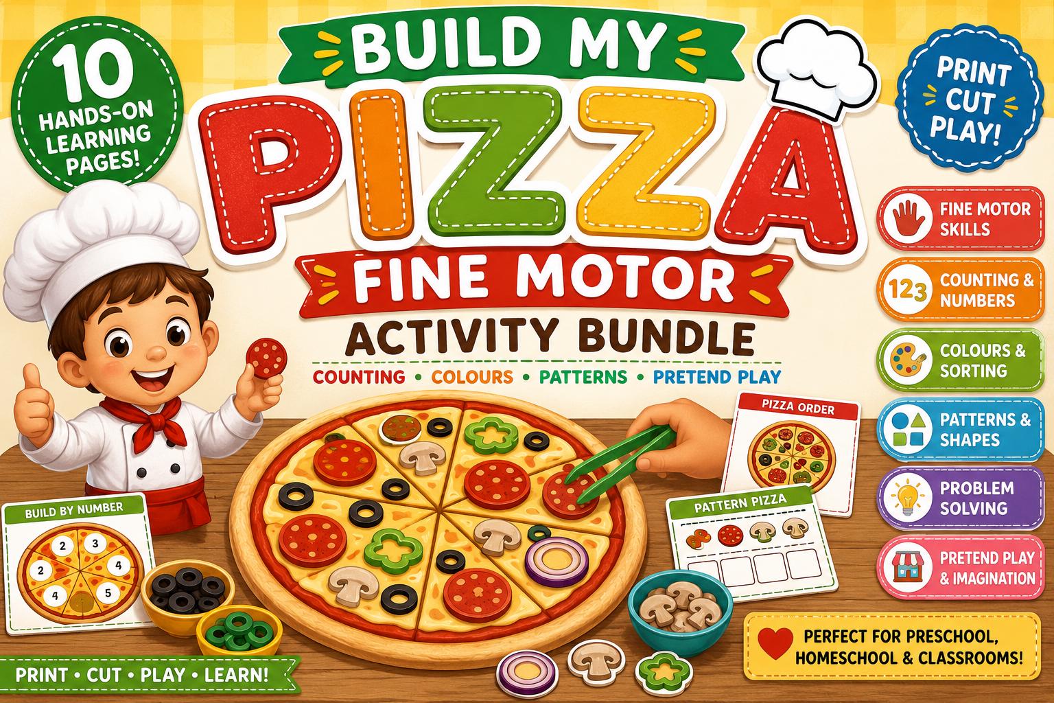 Build My Pizza Fine Motor Activity Bundle, Preschool Counting & Matching (PDF)