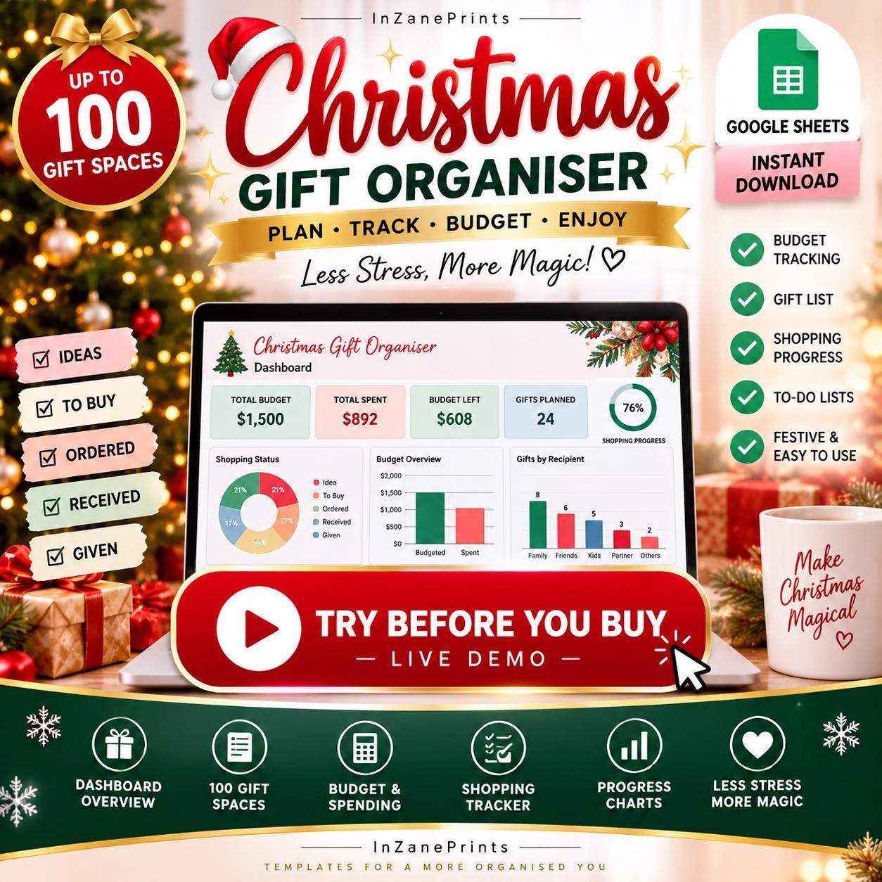 Christmas Gift Planner Spreadsheet, Holiday Budget Tracker, Shopping List (Digital Download)