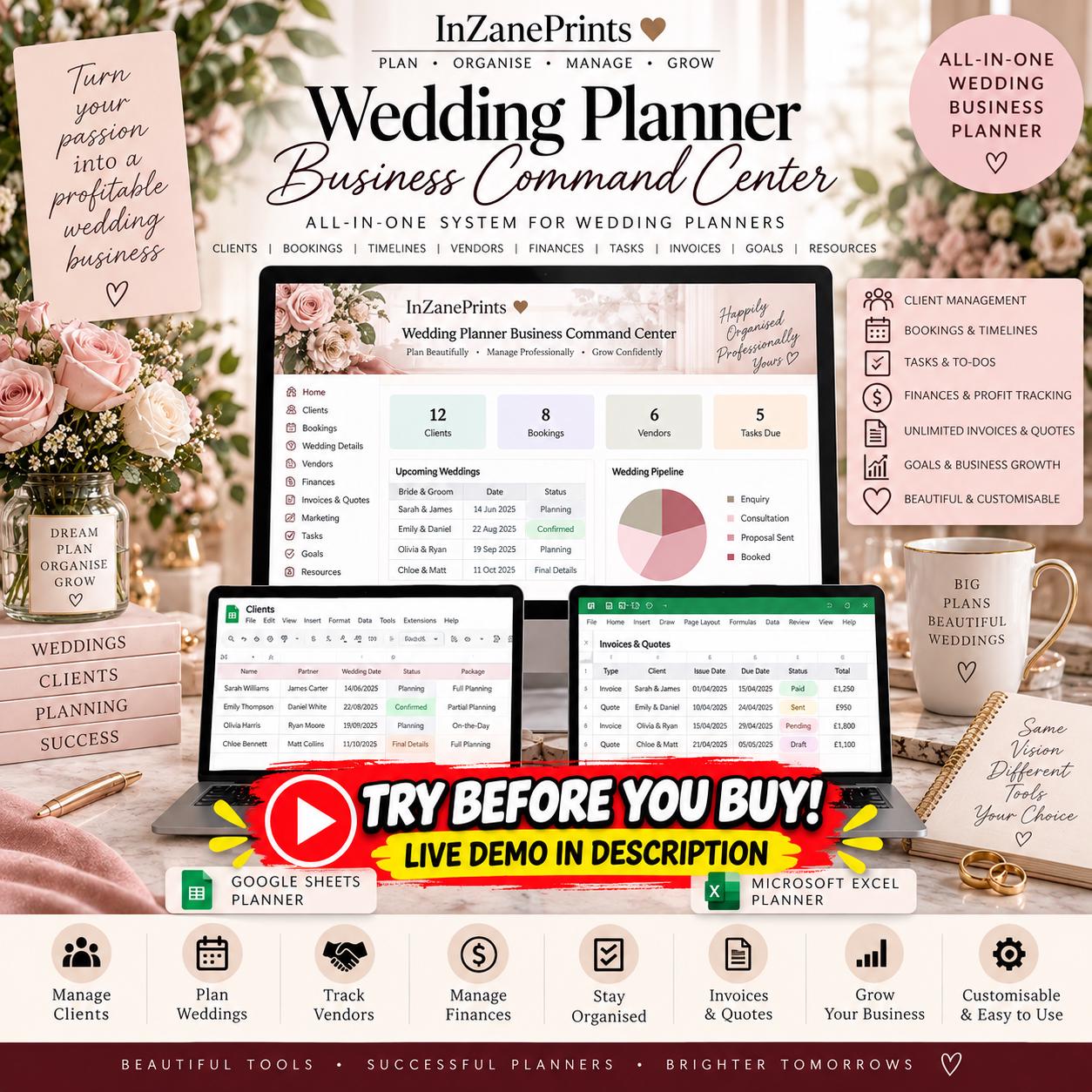Wedding Planner Business Command Center, Notion CRM, Google Sheets, Excel (Digital Download)