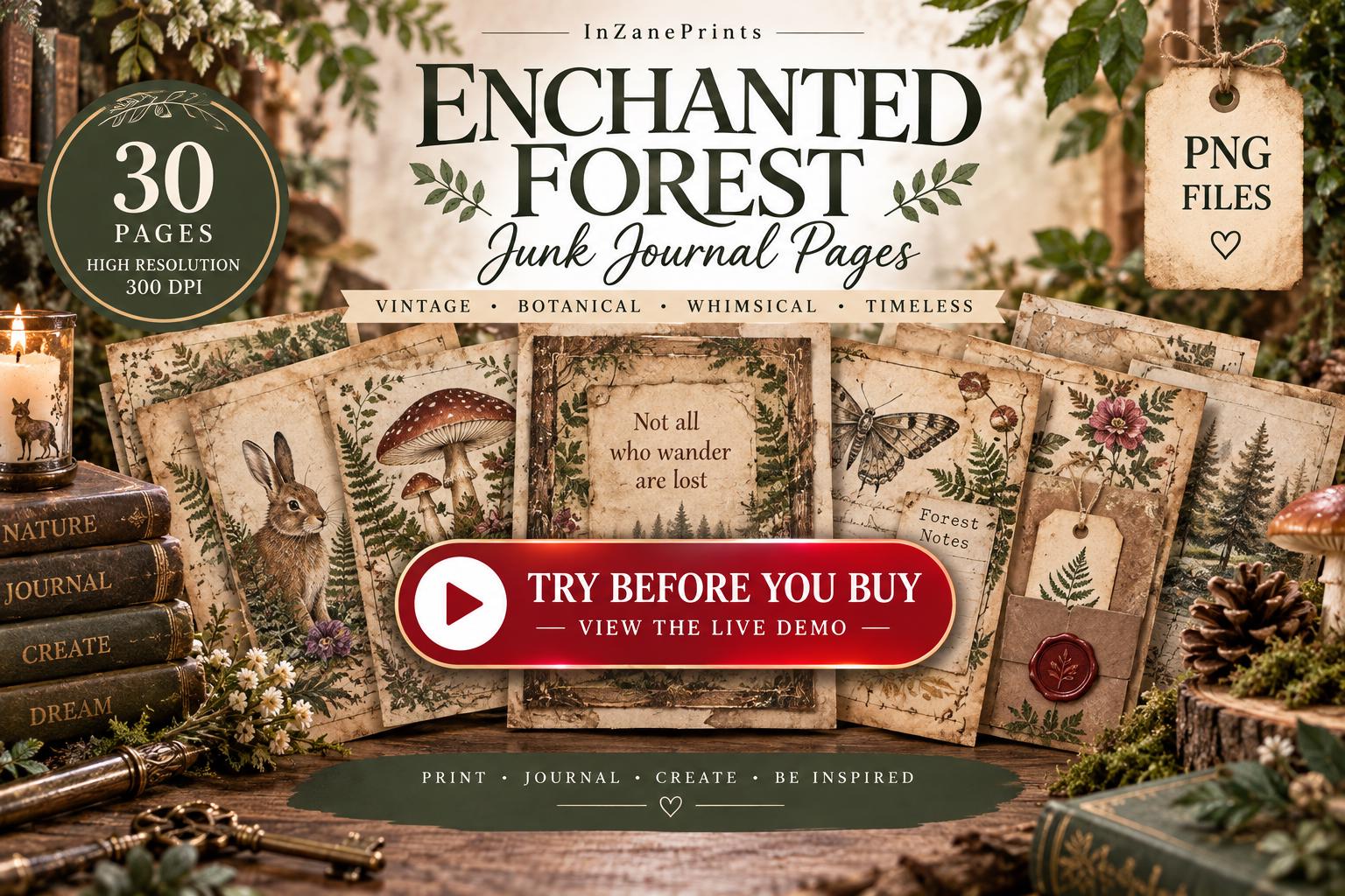 Enchanted Forest Junk Journal Kit, 30 Vintage Woodland Printable Pages (Digital Download)