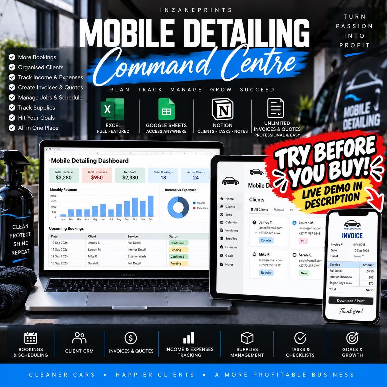 Mobile Detailing Business Planner, Excel, Google Sheets, Notion (Digital Download)