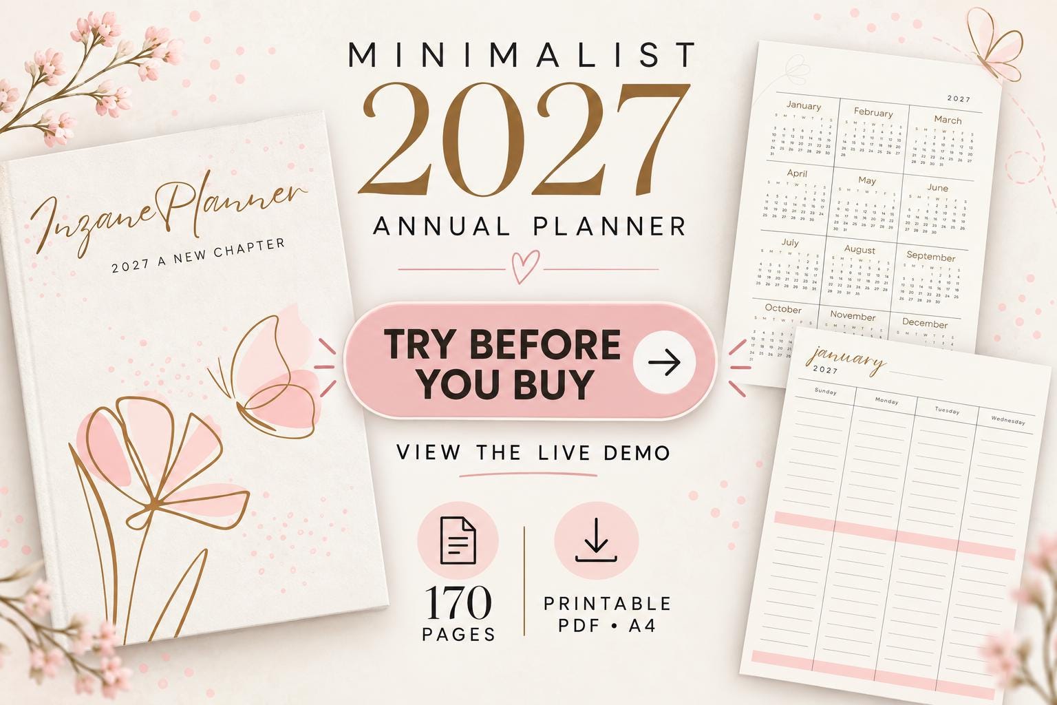 2027 Minimalist Planner, Floral Butterfly Design, 170 Pages (Digital Download)
