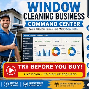 Pode incluir: Um modelo digital do Microsoft Excel para um centro de comando de empresas de limpeza de janelas. O gráfico exibe um painel com tabelas de receitas, lucros e acompanhamento de tarefas, ao lado de um botão vermelho TRY BEFORE YOU BUY.