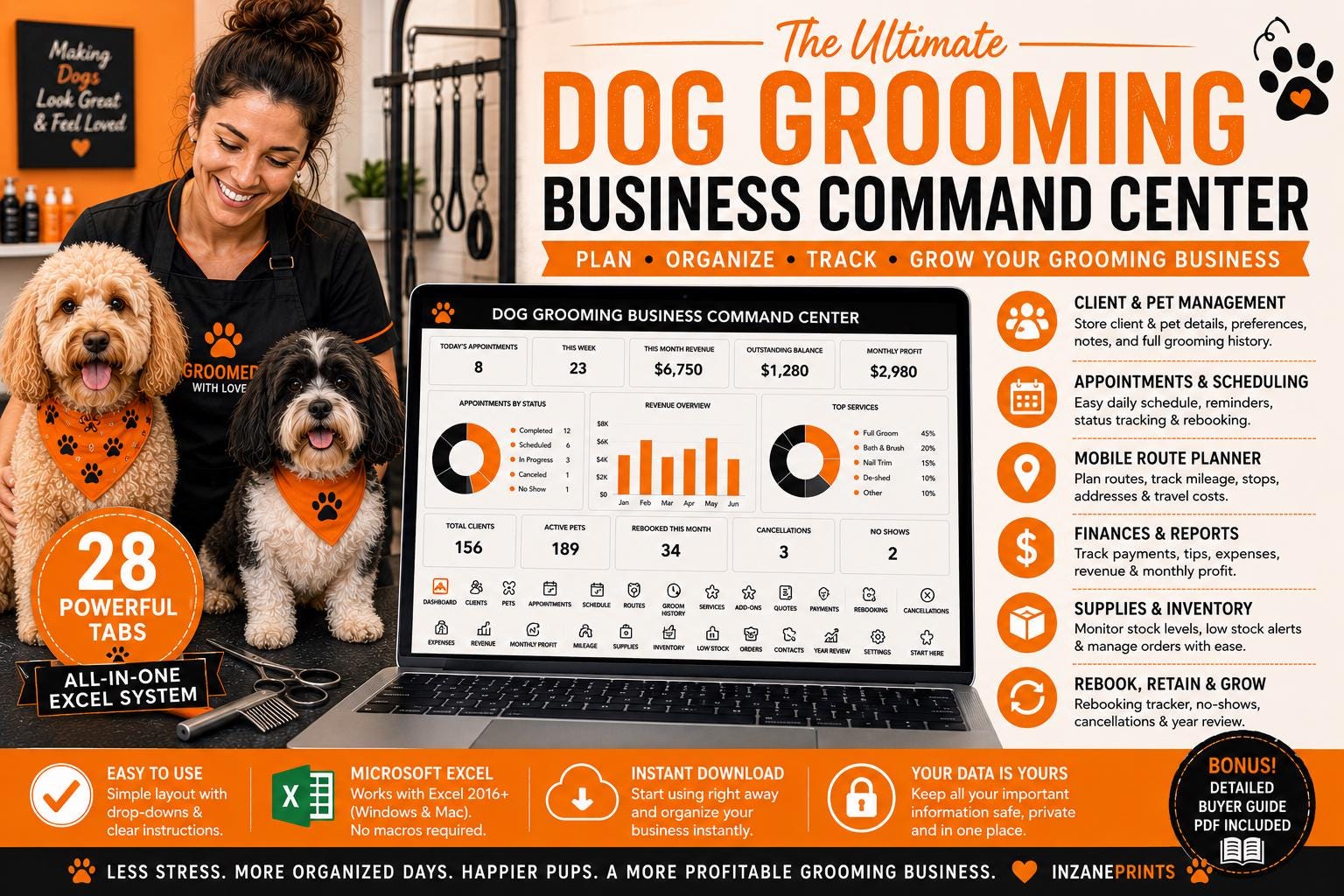 Dog Grooming Business Excel Command Center, Client & Pet Tracker, Rebooking, Invoices (Digital Download)