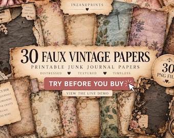 Vintage Junk Journal Paper 30 PNGs, Blank Aged Paper Printable, Antique Distressed Scrapbook Paper, Faux paper, Decoupage
