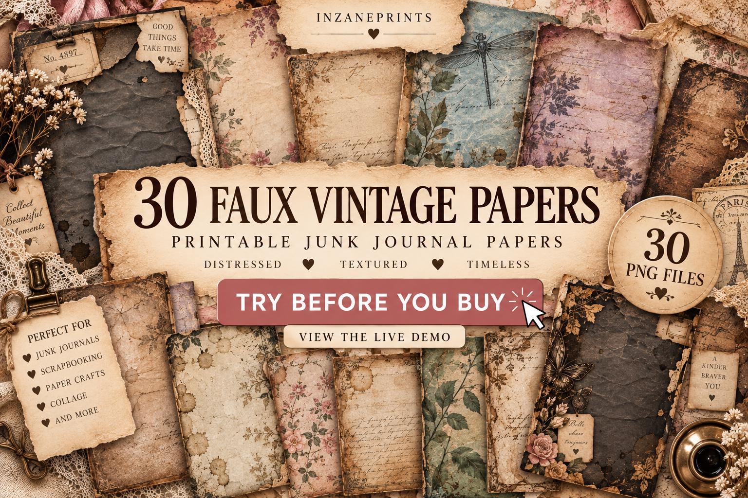 Vintage Junk Journal Paper 30 PNGs, Blank Aged Paper Printable, Antique Distressed Scrapbook Paper, Faux paper, Decoupage