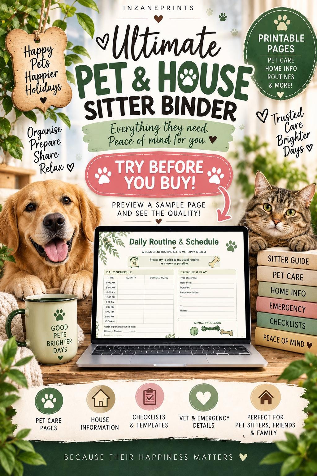 Pet & House Sitter Binder | Care Planner (Digital Download) Planner, Printable
