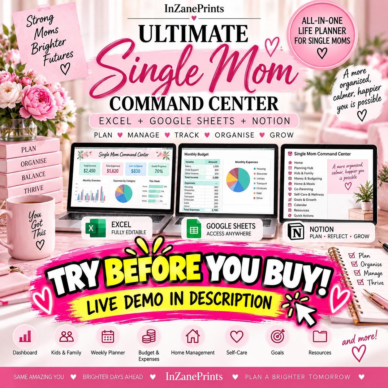 Single Mom Command Center | Excel, Google Sheets, Notion Bundle (Digital Download)