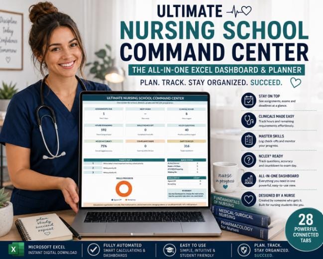 Ultimate Nursing School Command Center, Excel Planner, Clinical Hours Tracker (Digital Download)