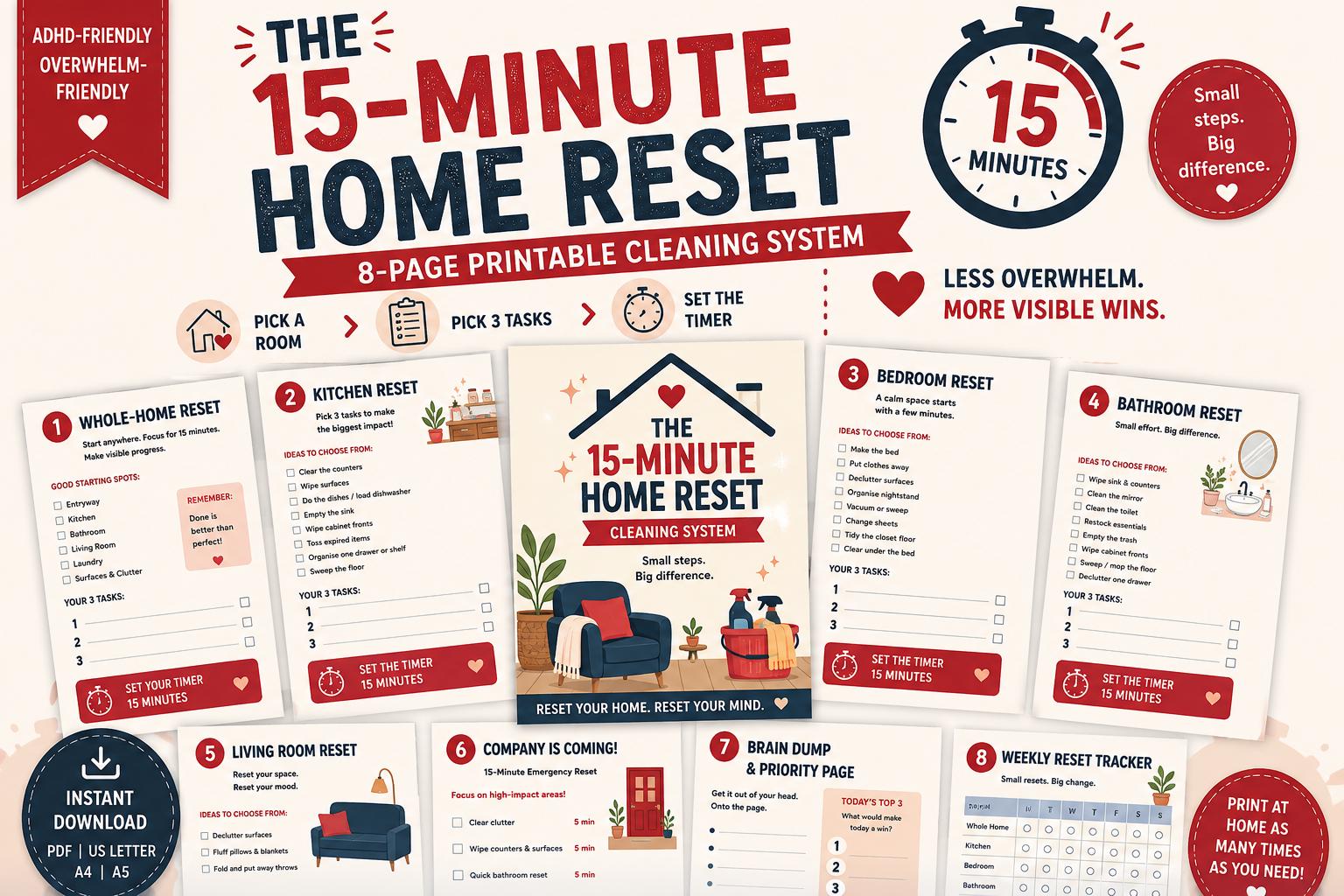 ADHD-Friendly 15-Minute Home Reset Cleaning Planner (PDF Download)