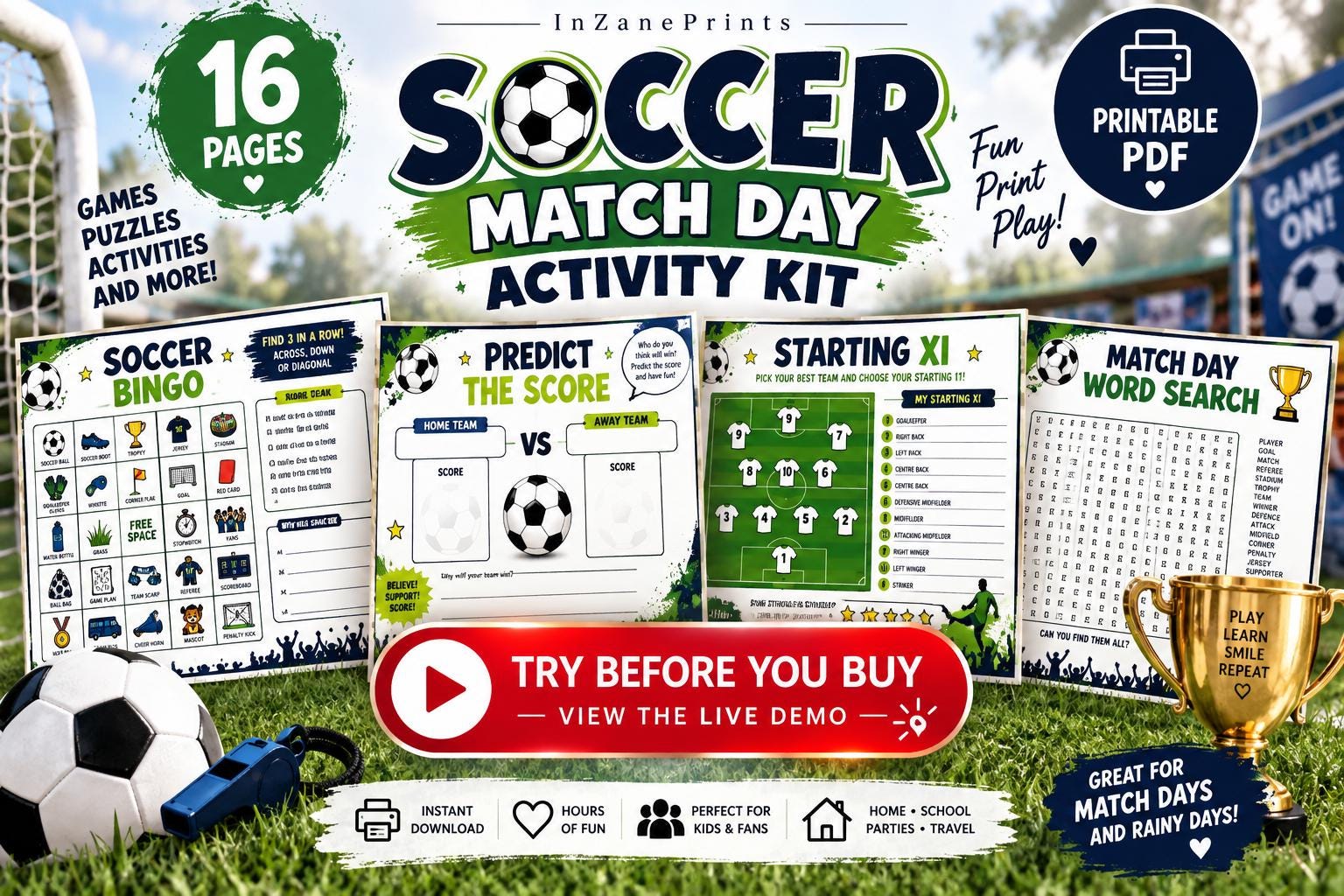 Soccer Activity Book for Kids, 16-Page Printable Game Kit (Digital Download)