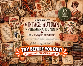 Vintage Autumn Ephemera Editable Collection, Junk Journal Printable, Vintage Fall Scrapbooking Decoupage Craft Kit