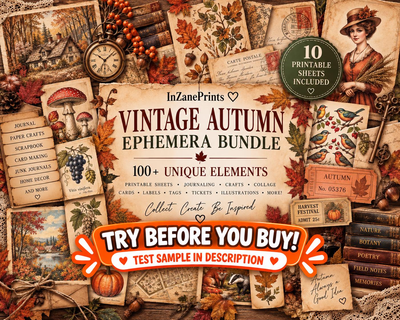 Vintage Autumn Ephemera Editable Collection, Junk Journal Printable, Vintage Fall Scrapbooking Decoupage Craft Kit
