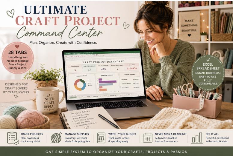 Ultimate Craft Project Planner Excel Spreadsheet, Inventory Tracker, Dashboard (Digital Download)