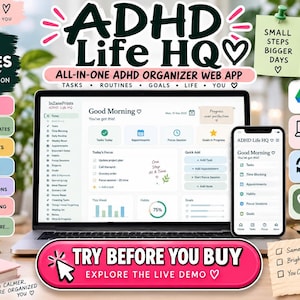 May include: A digital ADHD Life HQ organizer web app displayed on a laptop and smartphone screen. The interface features modules for tasks, routines, goals, and bills. The graphic includes text overlays like 22 Modules, Try Before You Buy, and various productivity-focused notes and icons.