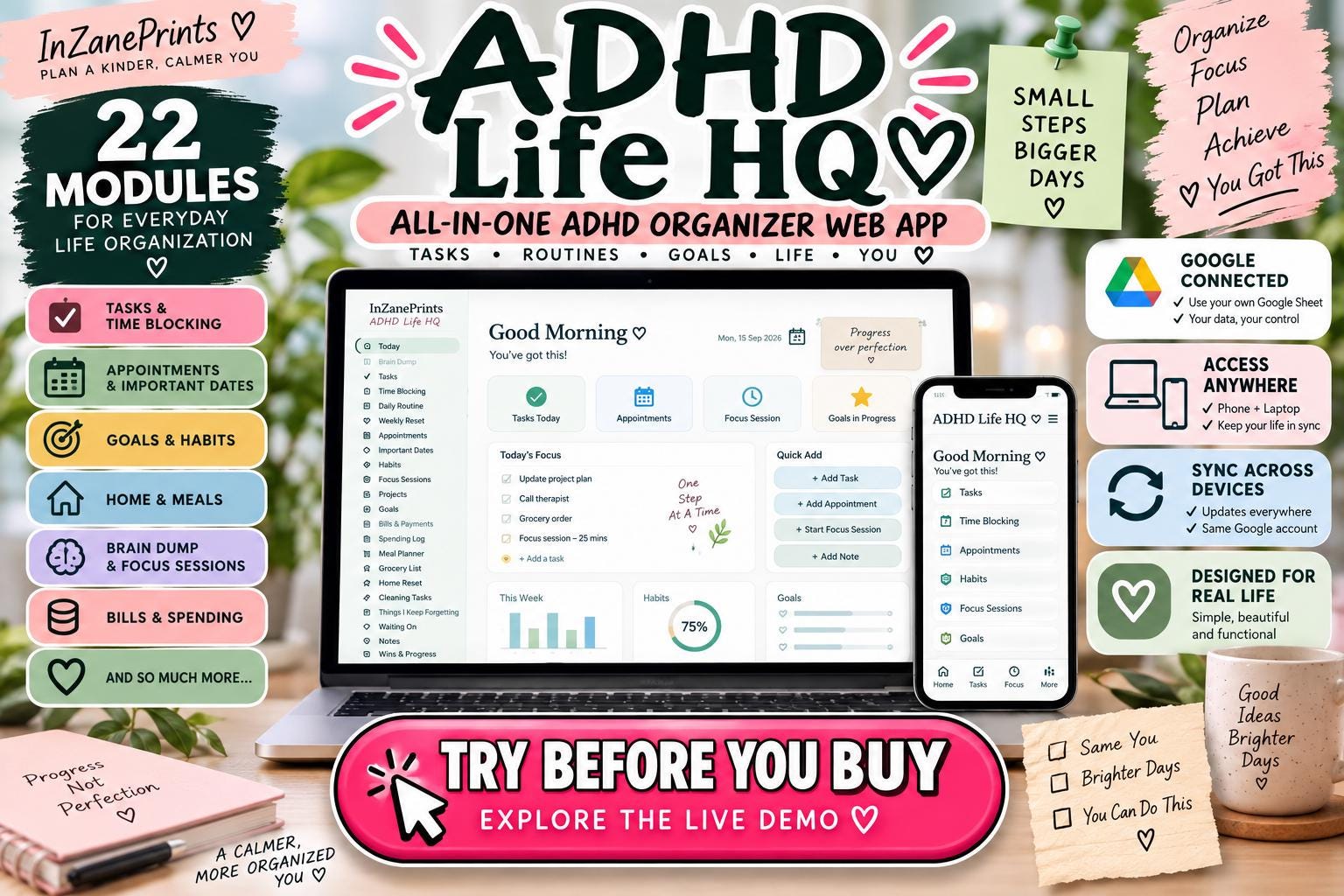 ADHD Planner Web App, ADHD Organizer for Adults, Task Manager, Executive Function Planner, Time Blocking, Brain Dump, Life Planner