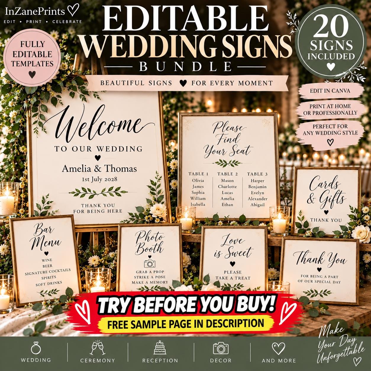 Editable Wedding Sign Bundle: 20 Coordinated Reception Signs (Digital Download)
