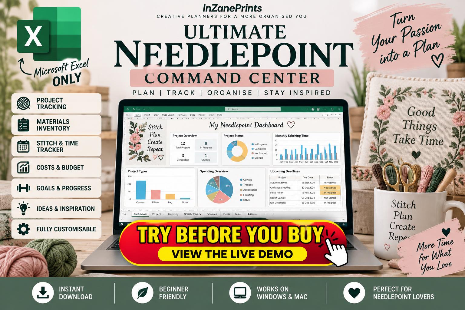 Needlepoint Project Tracker Excel Workbook | 28-Tab Command Center (Digital Download)