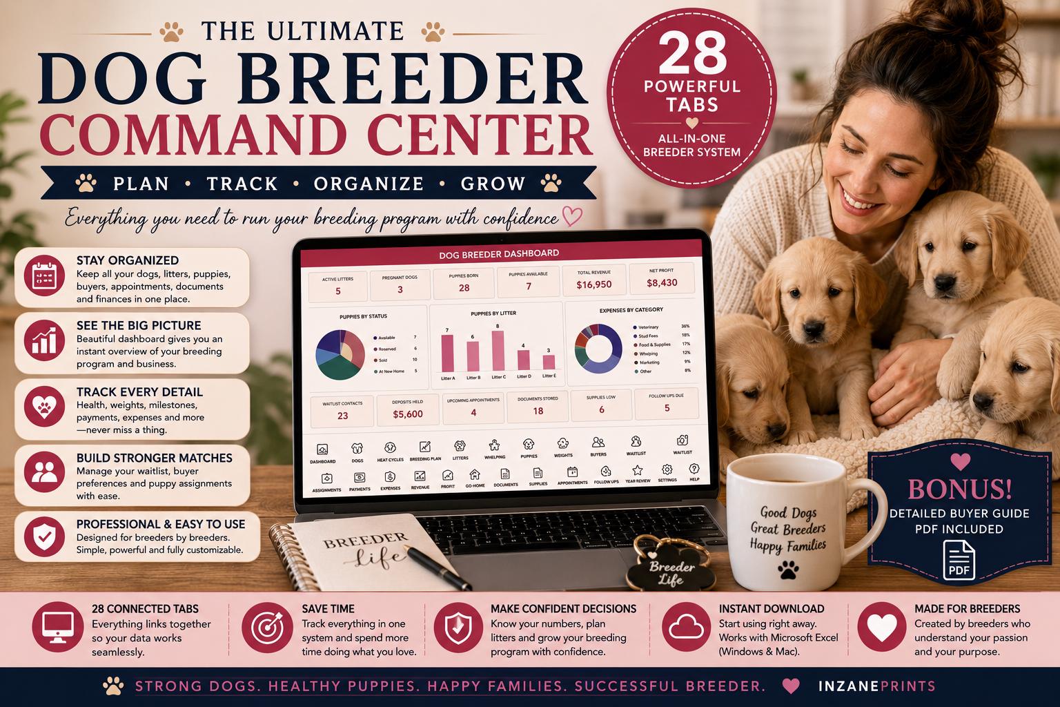 Dog Breeder Command Center, 28-Tab Excel System, Litter Tracker, Puppy Records (Digital Download)