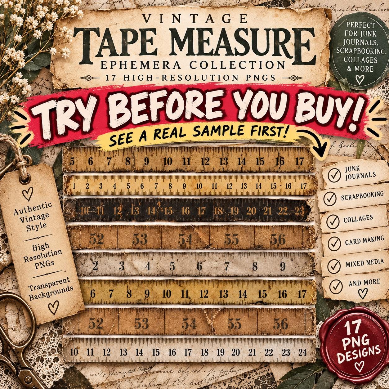 Editable Vintage Tape Measure Ephemera Collection, Junk Journal Scrapbooking (Digital Download)