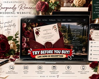 Wedding Invitation Website, Digital Wedding Invitation, Online RSVP, Guest Photo Upload, Editable Wedding Website Template, Burgundy