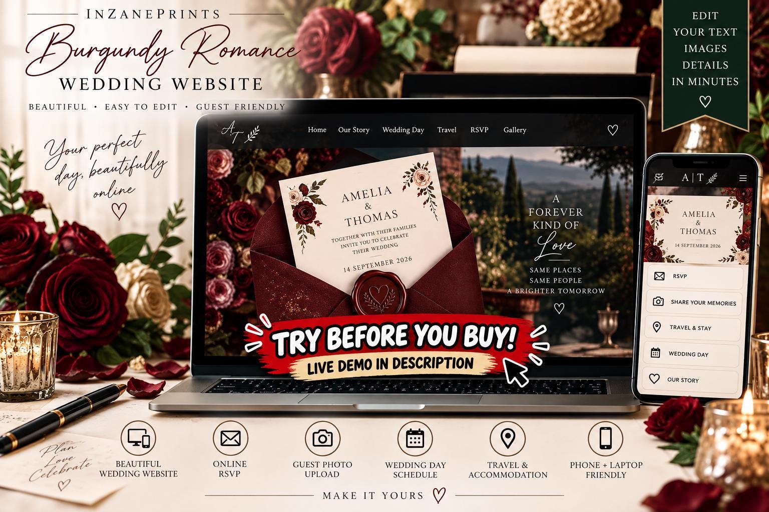 Wedding Invitation Website, Digital Wedding Invitation, Online RSVP, Guest Photo Upload, Editable Wedding Website Template, Burgundy