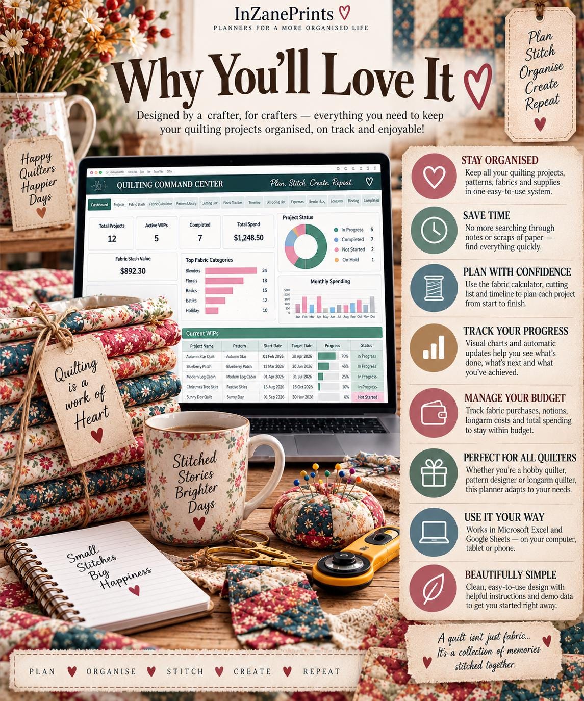 Ultimate Quilting Command Center | Excel Project Tracker, Fabric Stash Inventory (Digital Download)