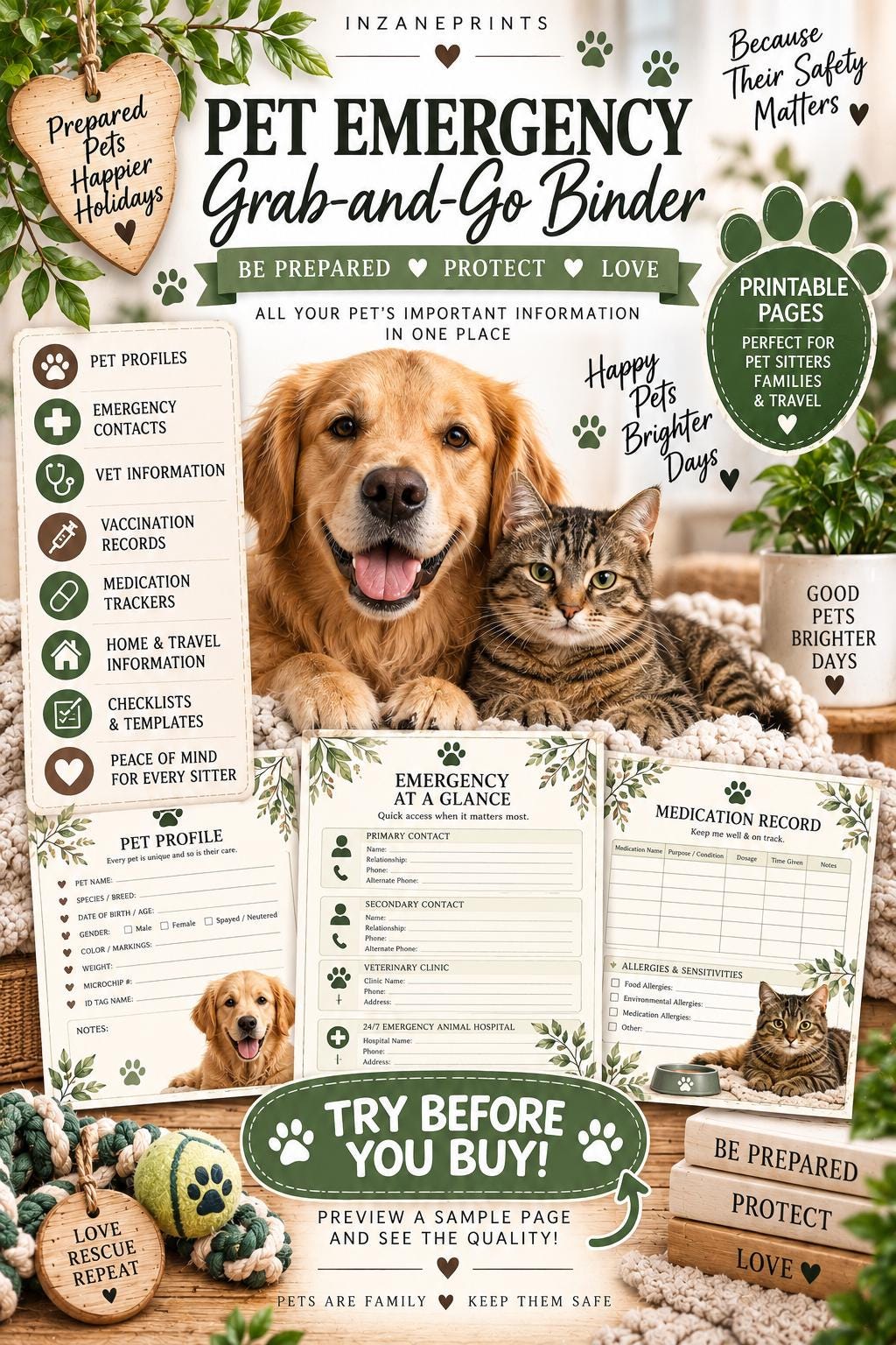 Pet Emergency Binder, Dog Cat Care Planner, Vet Records, Medication Tracker (Digital Download)