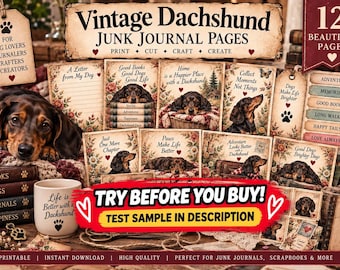 Vintage Dachshund Junk Journal Kit: Floral Ephemera, Tags, Cards (Digital Download)