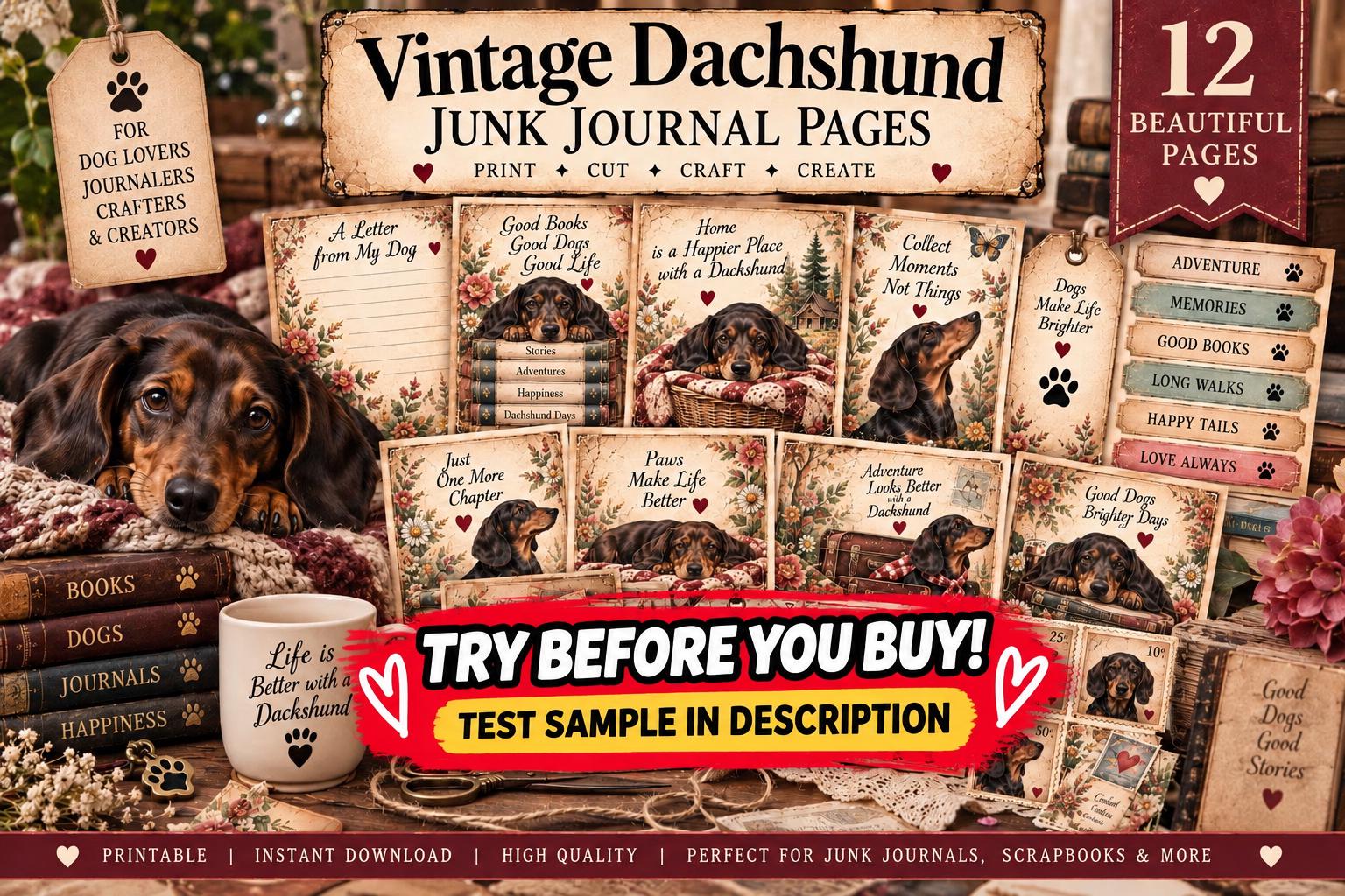 Vintage Dachshund Junk Journal Kit: Floral Ephemera, Tags, Cards (Digital Download)