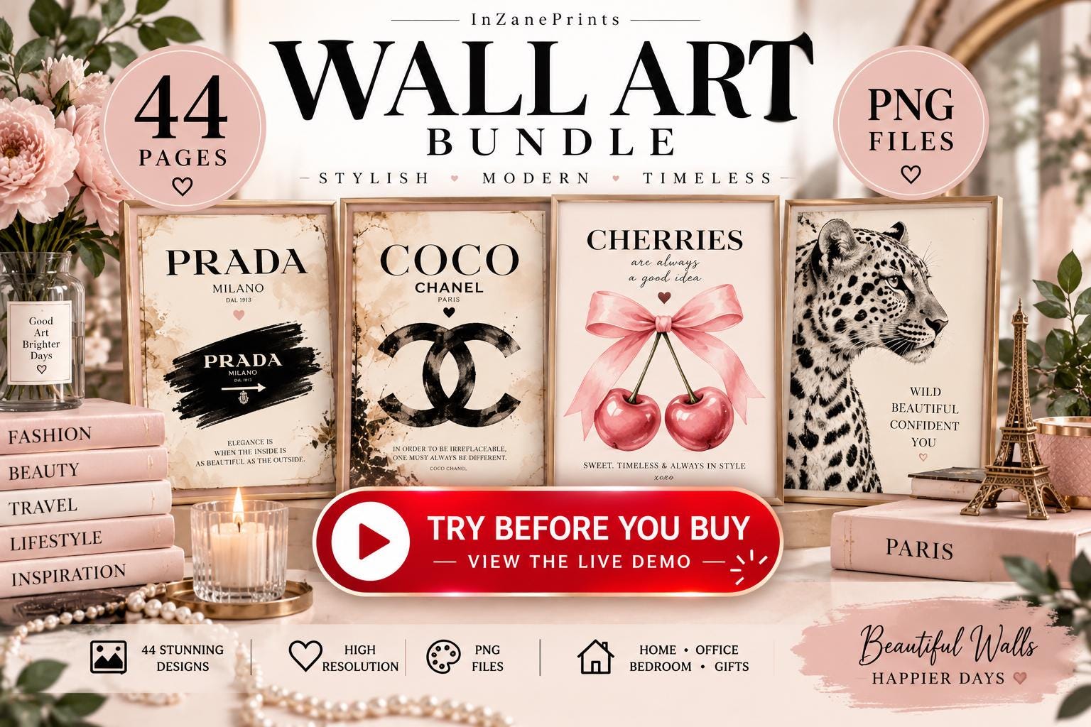 Fashion Wall Art Bundle 44 Prints, Pink Gallery Wall Art, Paris Wall Decor, Feminine Printable Art, Digital Download