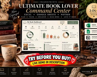 Ultimate Book Lover Command Center, Excel, Google Sheets, Notion (Digital Download)