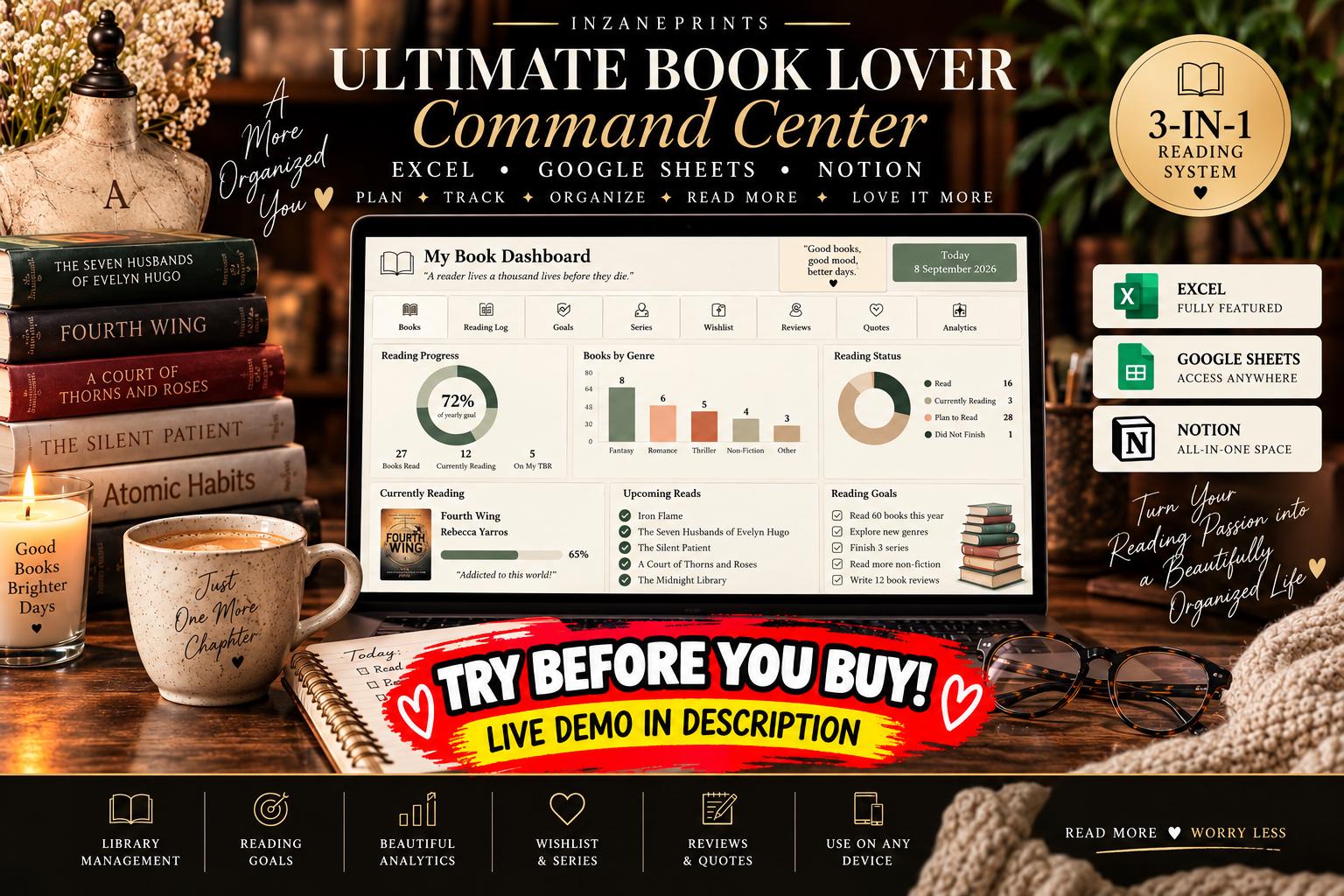 Ultimate Book Lover Command Center, Excel, Google Sheets, Notion (Digital Download)