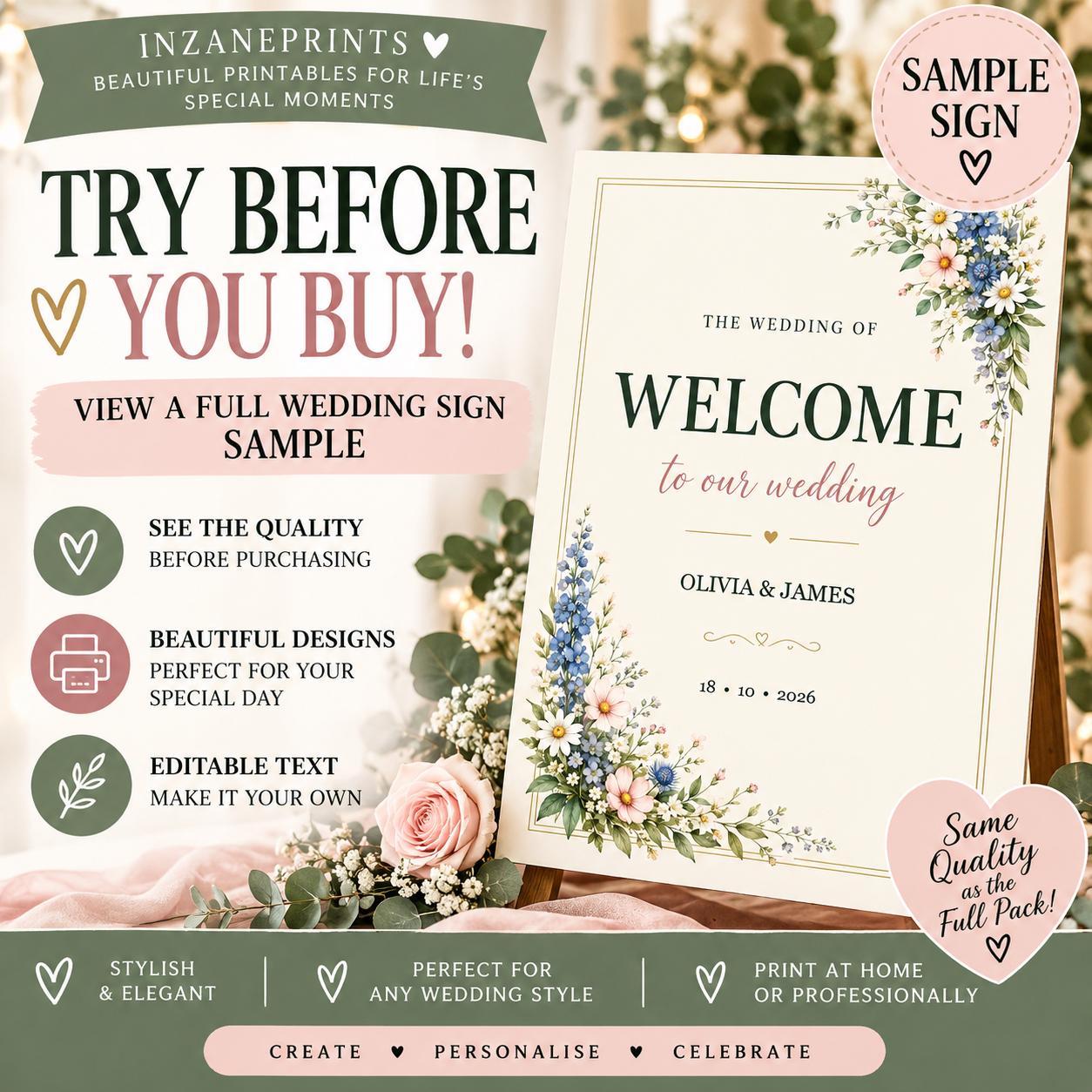 Editable Wildflower Wedding Sign Bundle, 20 Printable Blue Floral Signs, Instant Download